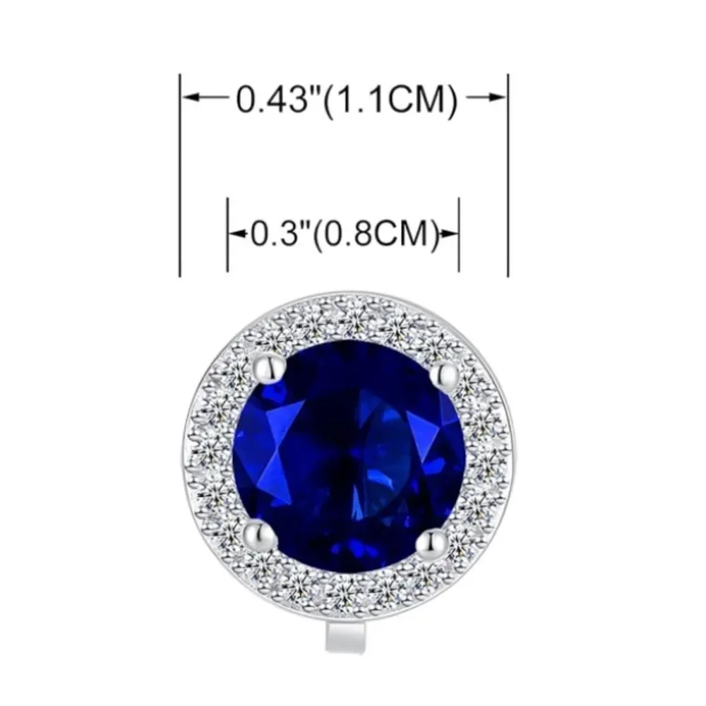 Silver with Blue Sapphire and White Diamond Cubic Zirconia Stud Clip On Earrings